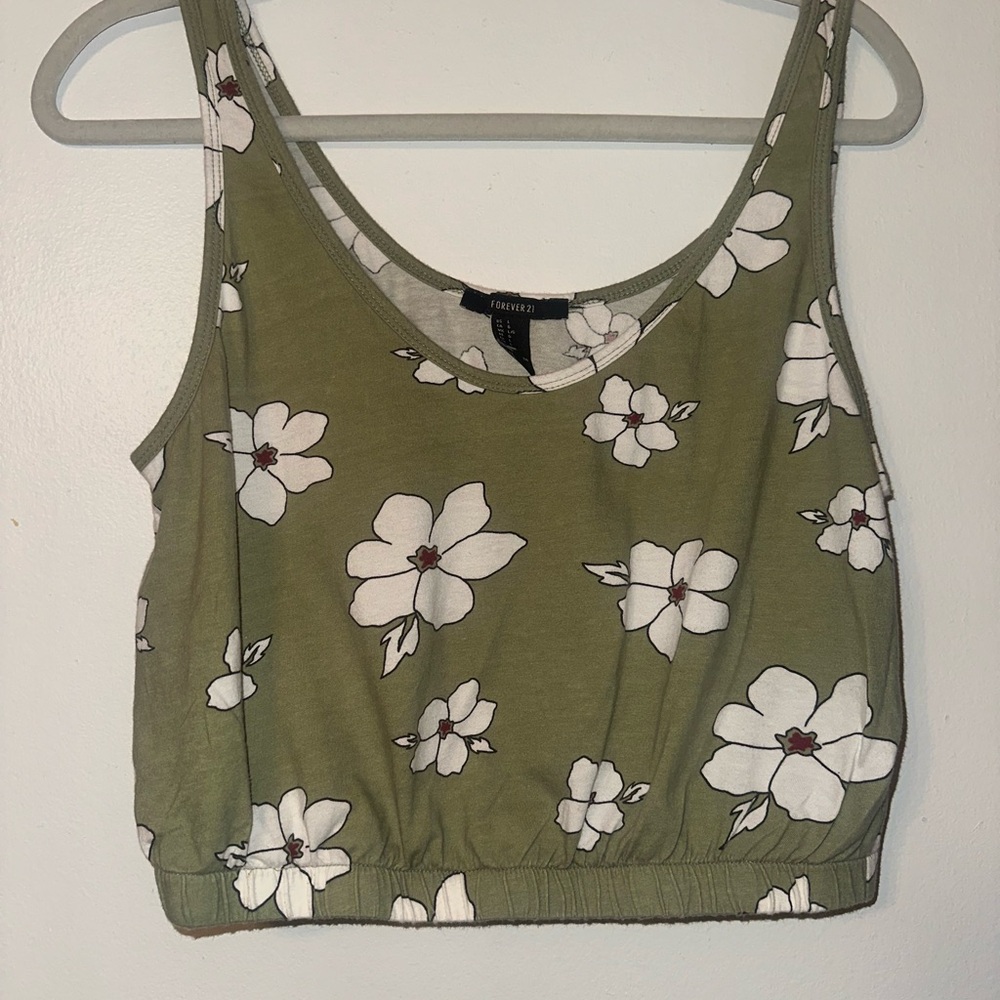 Forever 21 Floral Olive Green Crop Top